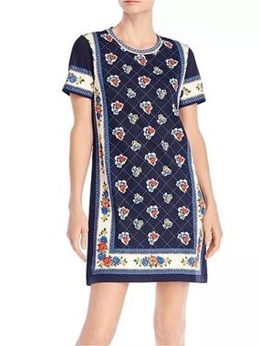 Tory Burch Floral Navy Shift Dress with Border Print